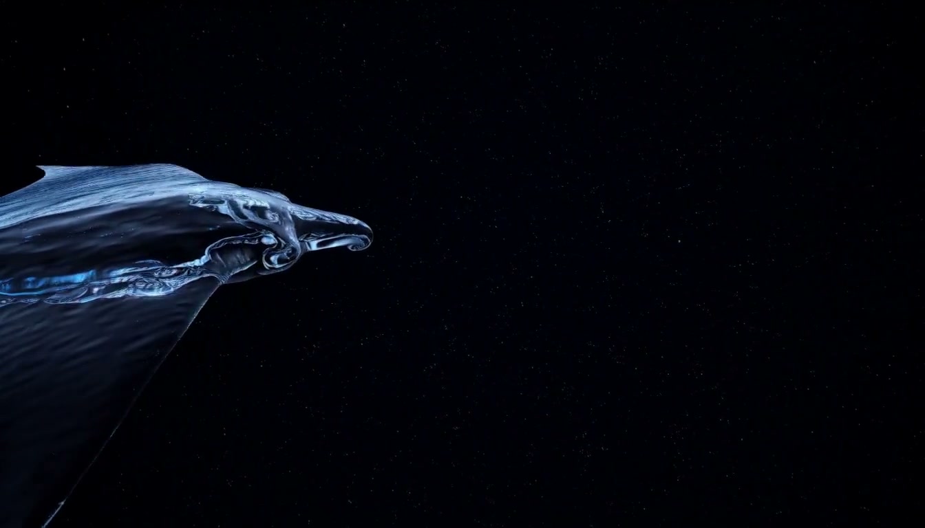 MiniMax H3 video showing a translucent glass manta ray gliding through a dark bioluminescent ocean
