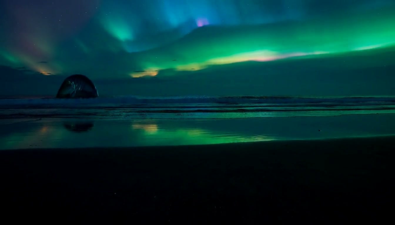 MiniMax H3 video showing a translucent obsidian ring rising from reflective water beneath a turquoise aurora