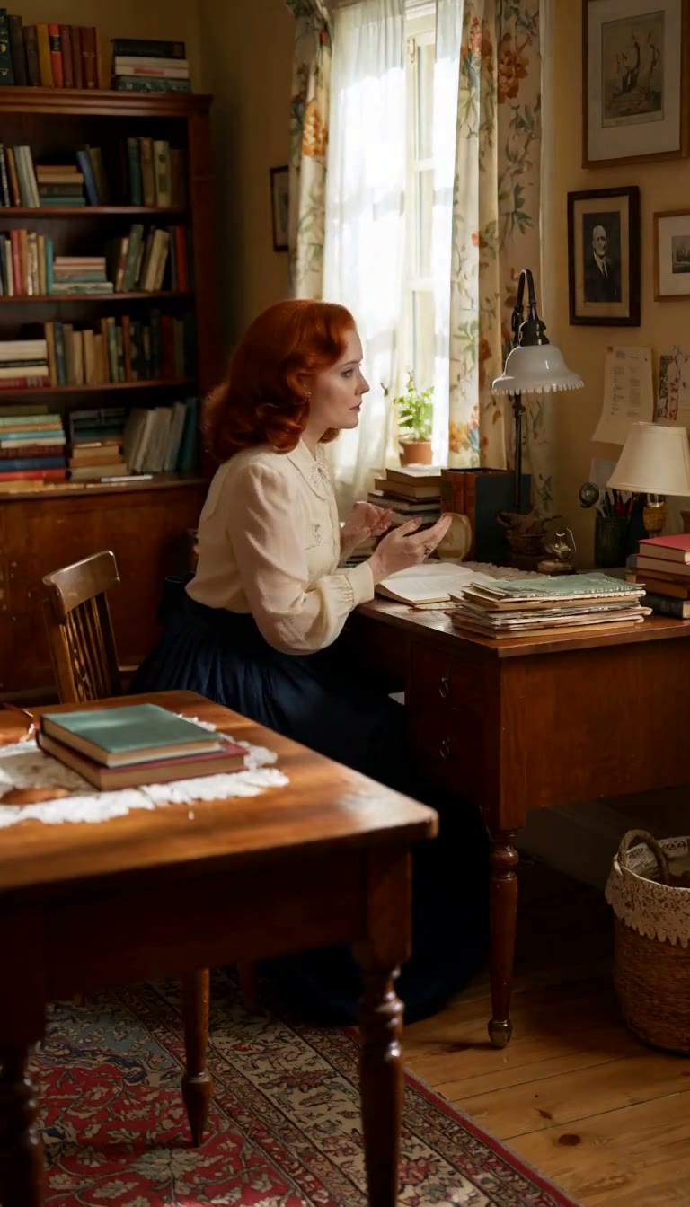 MiniMax H3 AI video example showing a woman with vibrant red hair in a vintage-inspired setting, engaging in playful and expressive gestures
