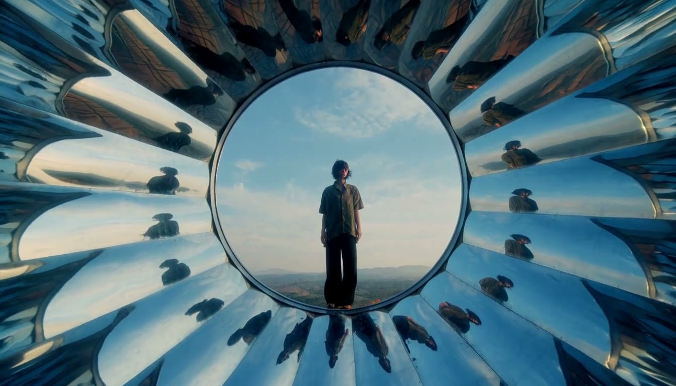 MiniMax H3 AI video example showing a person stands in a reflective, circular structure against a backdrop of a clear sky and scattered clouds