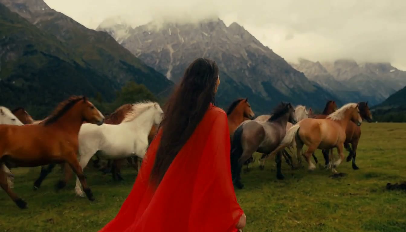 MiniMax H3 AI video example showing a woman in a red robe walks through a field of horses with majestic mountains in the background