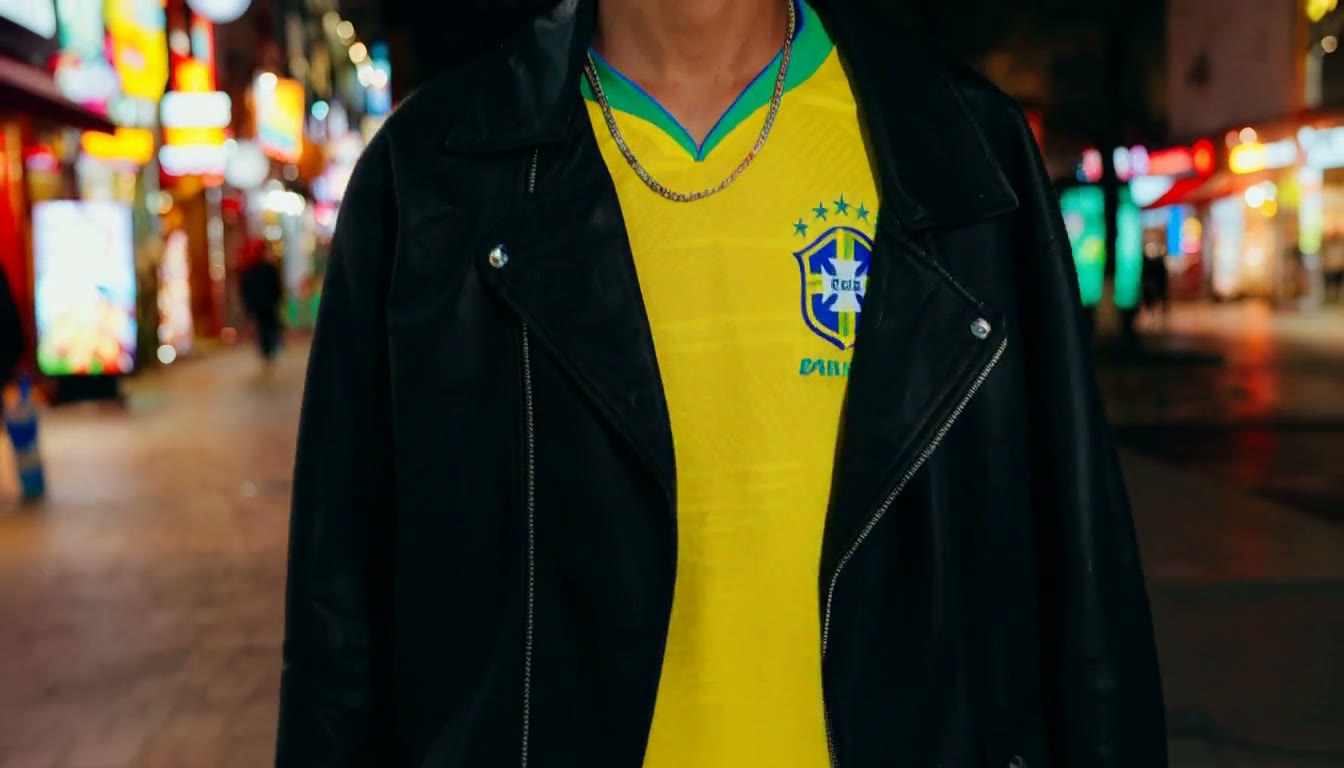 MiniMax H3 AI video example showing a stylish individual wearing a Brazil national team jersey walks through a vibrant city street at night