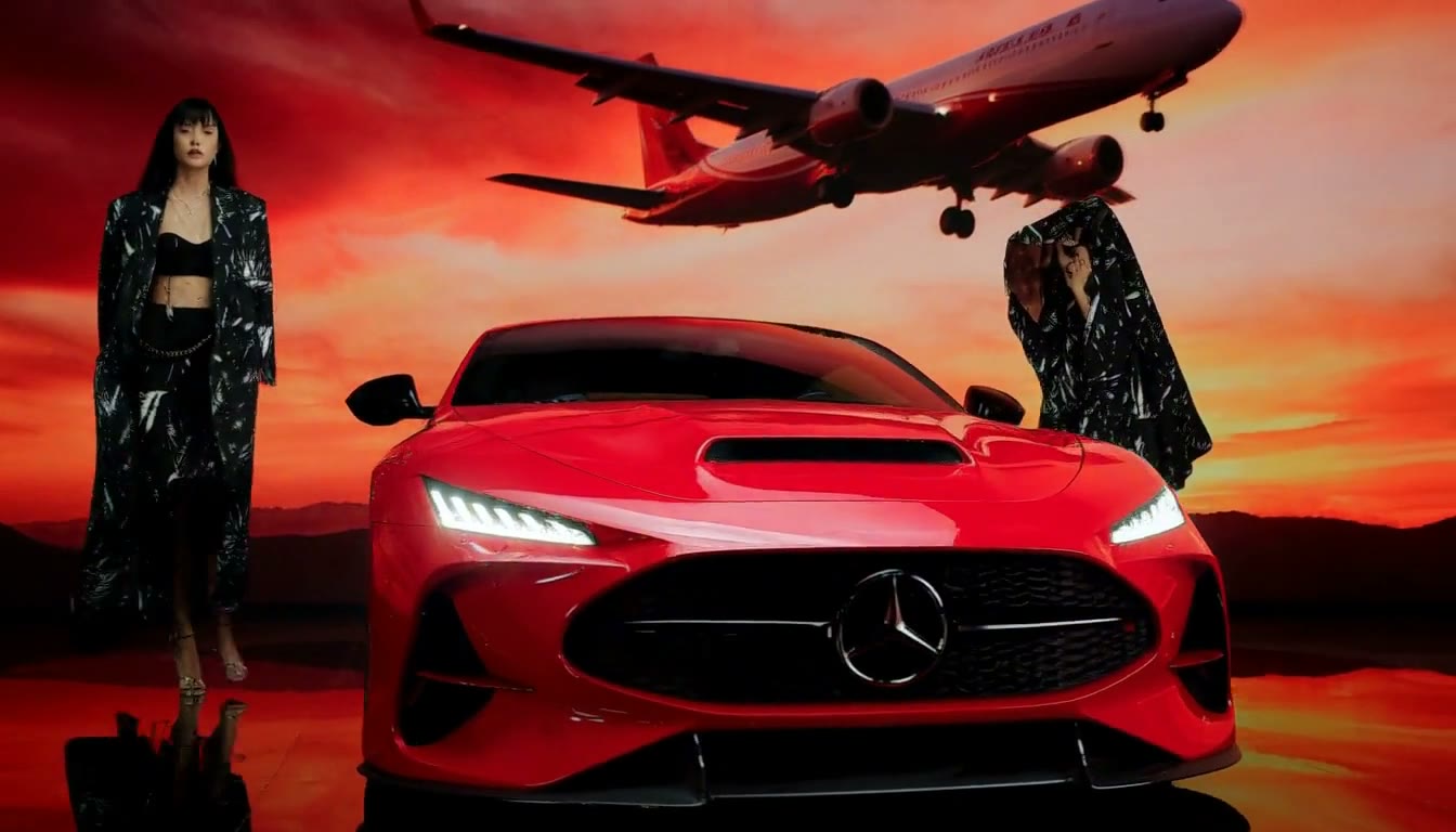 MiniMax H3 AI video example showing a woman in a black outfit interacts with a red car while an airplane flies overhead, creating a surreal and dynamic scene
