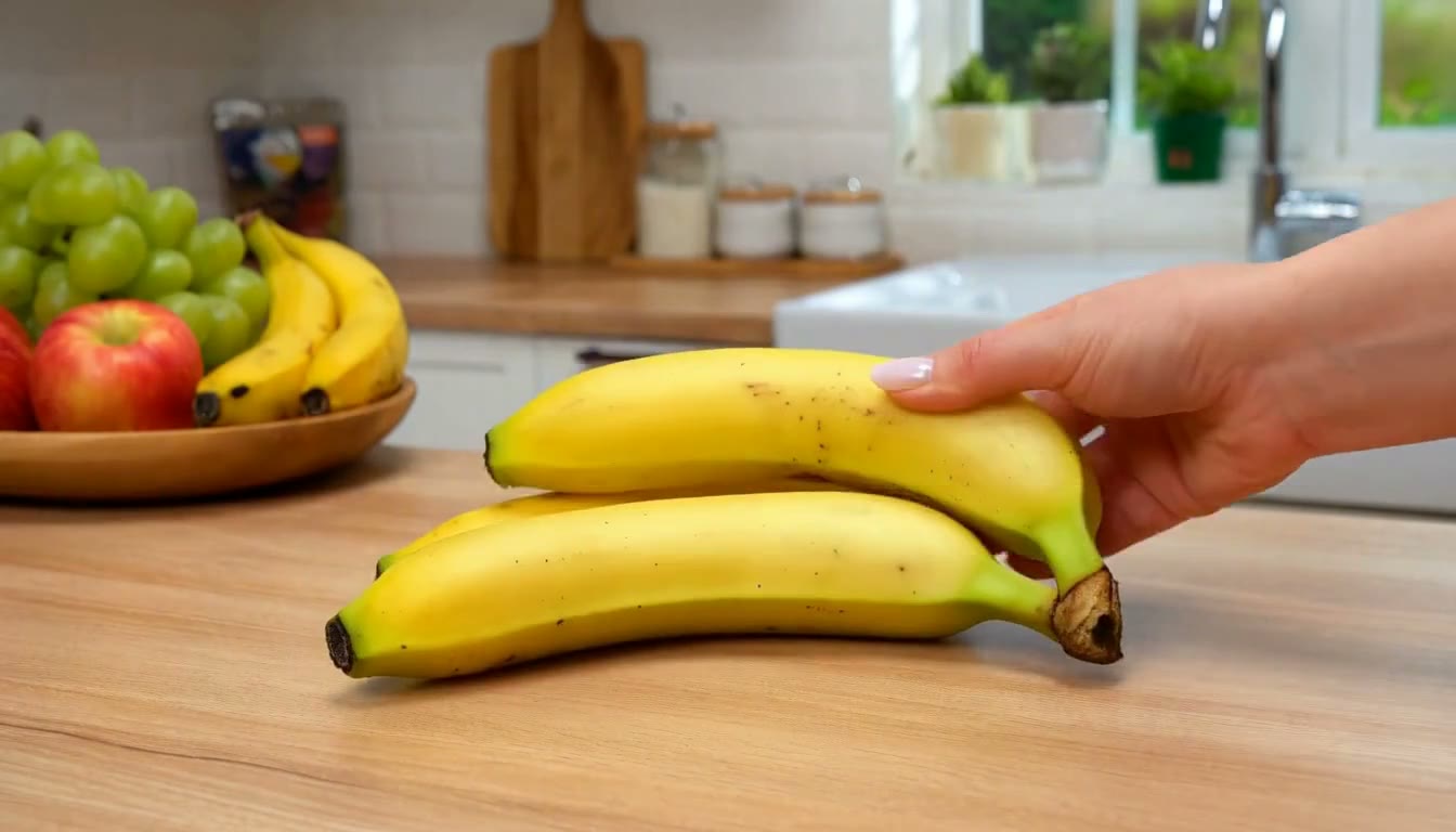 MiniMax H3 AI video example showing a playful interaction with bananas on a wooden table in a kitchen setting