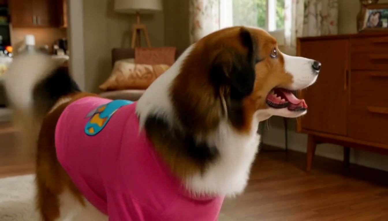 MiniMax H3 AI video example showing a playful dog wearing a pink shirt dances energetically in a cozy indoor setting