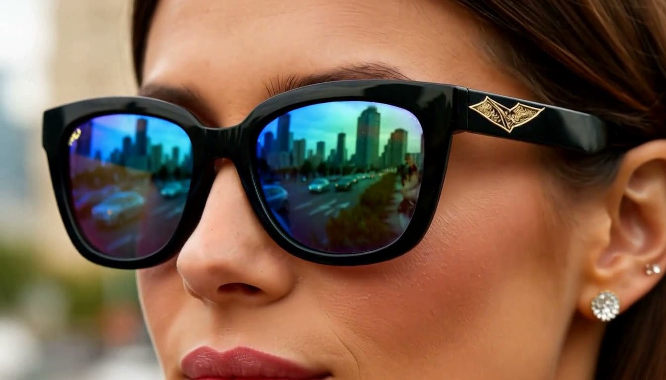 MiniMax H3 AI video example showing a woman wearing reflective sunglasses with a cityscape reflection in the lenses