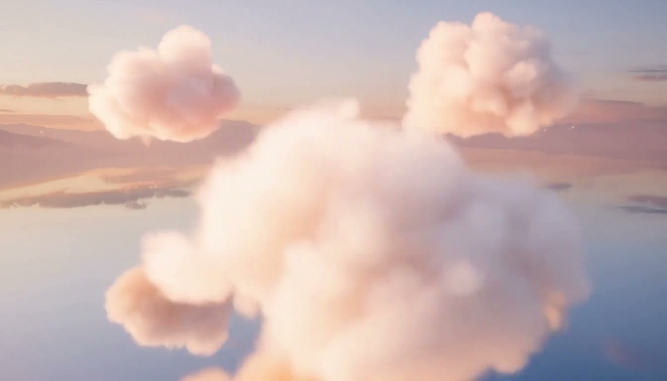 MiniMax H3 AI video example showing a small orange kitten wearing a pink outfit and sunglasses is sitting on a reflective floor, surrounded by clouds that appear to be floating around it