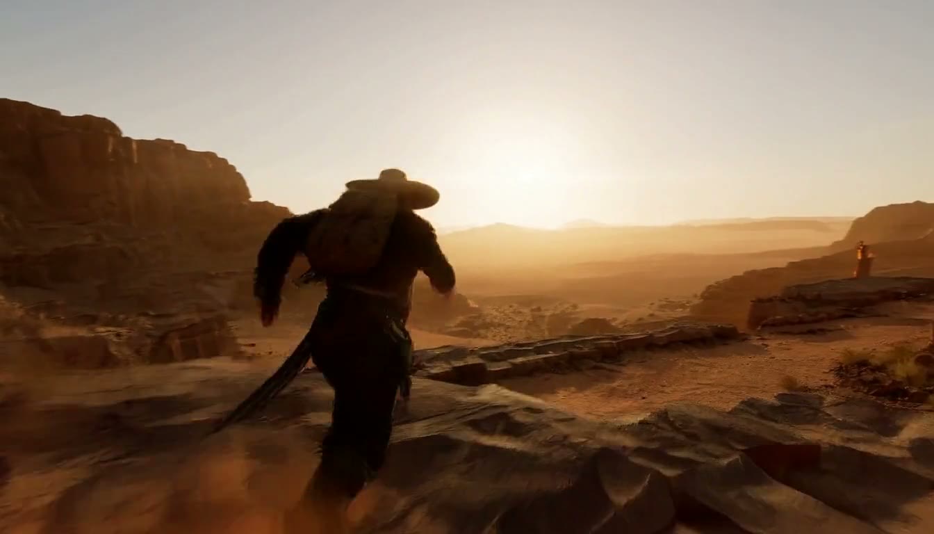 MiniMax H3 AI video example showing a adventurer in a desert setting, navigating through ancient ruins