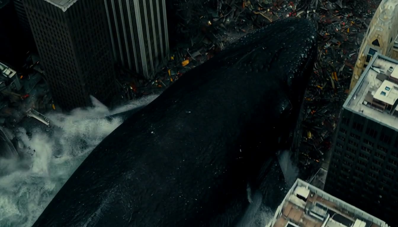 MiniMax H3 AI video example showing a massive whale emerges from the city streets, creating chaos as it moves through the urban landscape