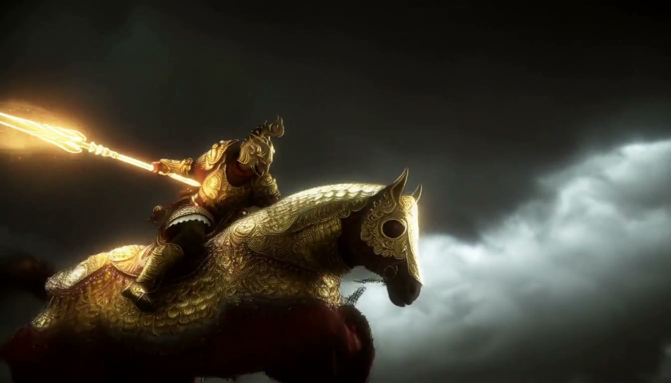 MiniMax H3 AI video example showing a warrior in golden armor rides a horse through a stormy sky, wielding a glowing spear