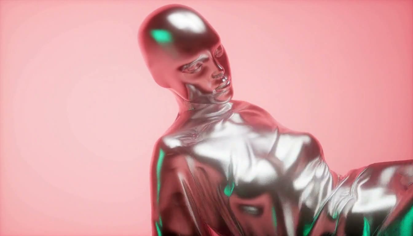 MiniMax H3 AI video example showing a reflective, metallic figure in a futuristic, shiny outfit is posed on a pink background