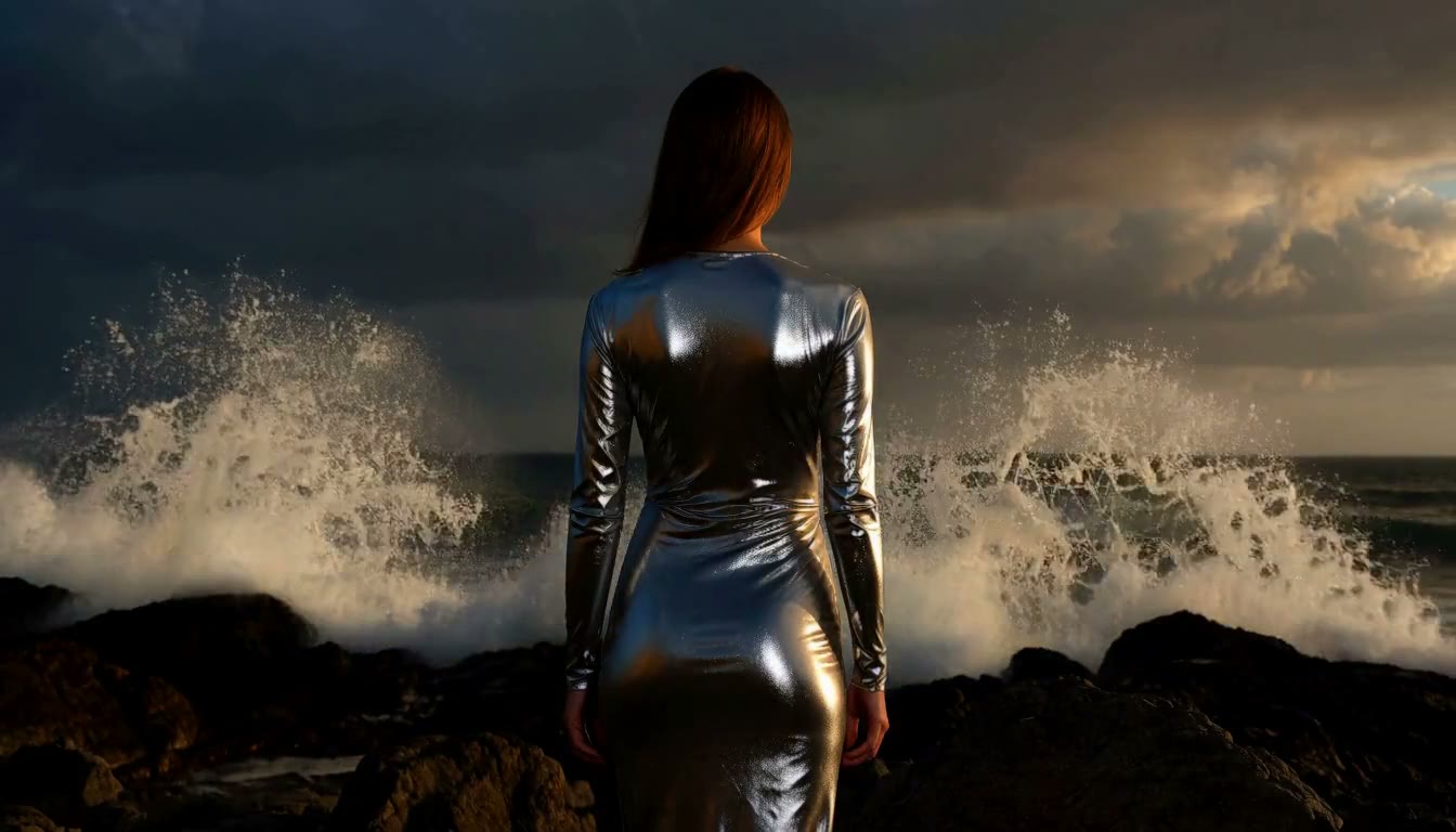 MiniMax H3 AI video example showing a woman in a metallic outfit stands on a rocky shore as waves crash behind her