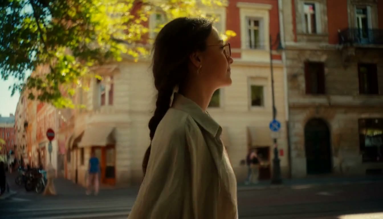 MiniMax H3 AI video example showing a young woman with glasses and braided hair walking through a sunlit European street