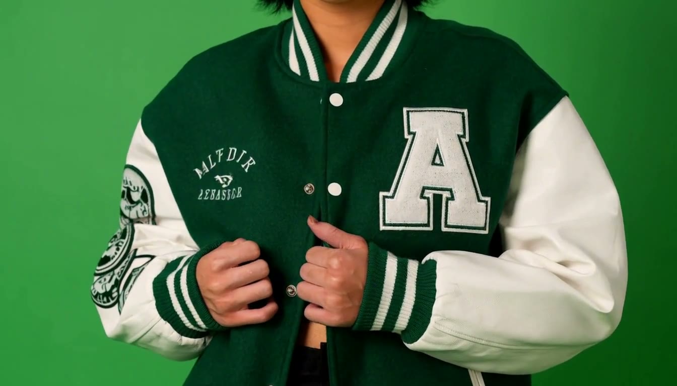 MiniMax H3 AI video example showing a person wearing a green and white varsity jacket with an 'A' patch on the chest
