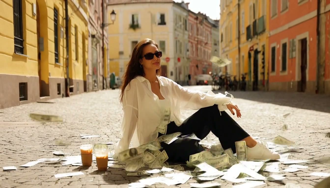 MiniMax H3 AI video example showing a woman sitting on a cobblestone street with two iced coffee cups and a red handbag, money falling around her