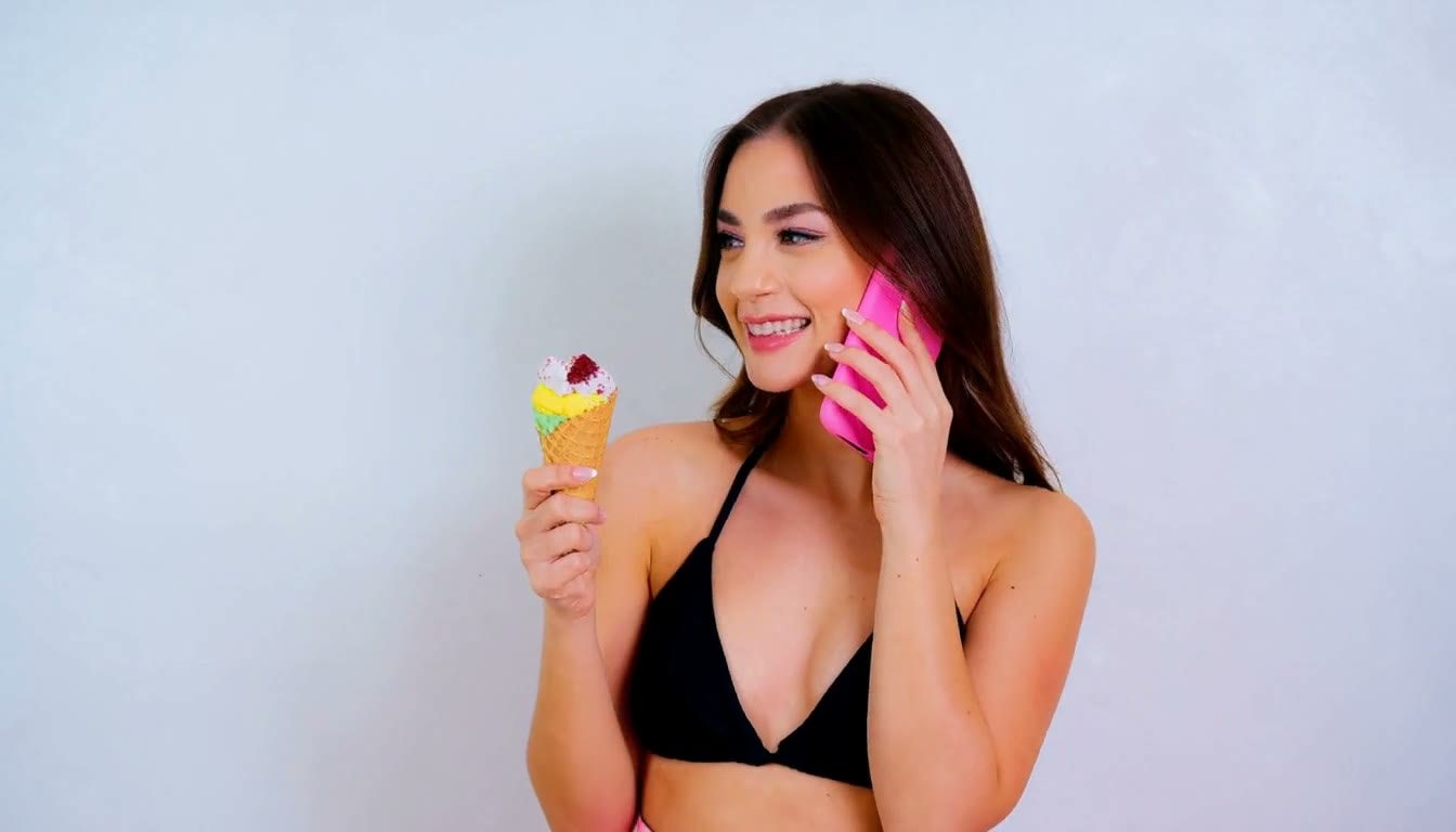 MiniMax H3 AI video example showing a woman in a black bikini top is holding an ice cream cone and talking on a pink phone